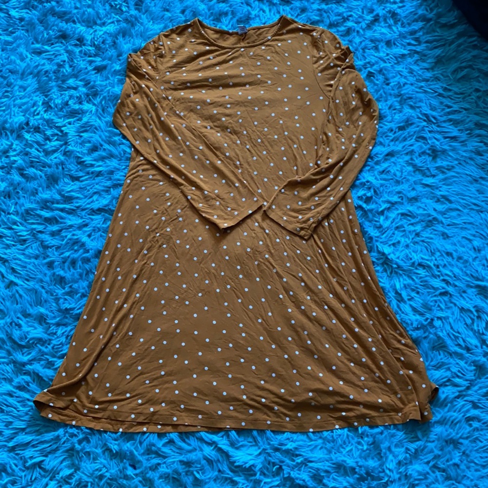 Mustard yellow, white polka dot dress